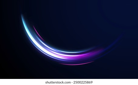 Acceleration speed motion on night road. Illustration of light ray, stripe line with blue light, speed motion background. Glitter blue wave light effect.