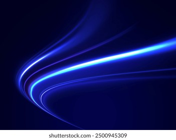 Acceleration speed motion on night road. Illustration of light ray, stripe line with blue light, speed motion background. Glitter blue wave light effect.