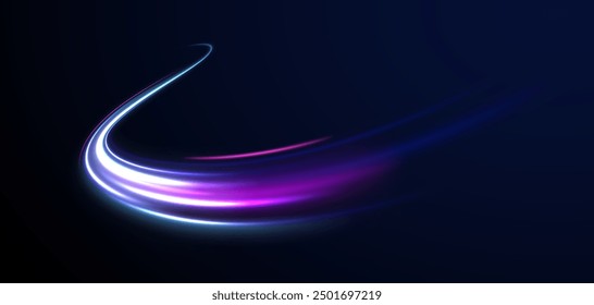 Beschleunigung Geschwindigkeit Bewegung auf der Nachtstraße. Illustration von Lichtstrahl, Streifenlinie mit blauem Licht, Geschwindigkeit Bewegung Hintergrund. Blauer Wellenlichteffekt.