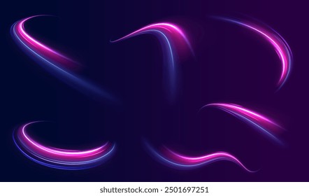 Aceleración de movimiento de velocidad en carretera nocturna. Ilustración de rayo de luz, línea de franja con luz azul, fondo de movimiento de velocidad. Efecto de luz de onda azul brillante.