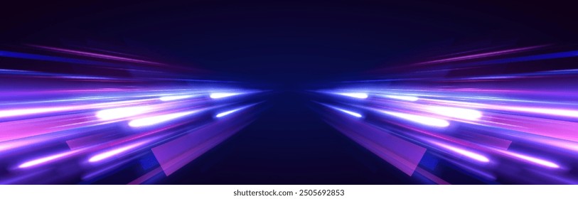 Acceleration speed motion on night road. Laser beams luminous abstract sparkling isolated on a transparent background. Light and stripes moving fast over dark background.	