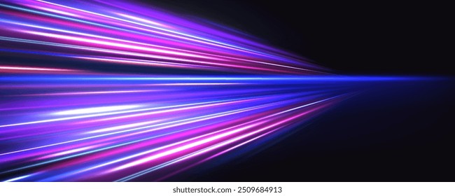 Aceleração de movimento em estrada noturna. Ilustração de raio de luz, linha de faixa com luz azul, plano de fundo de movimento de velocidade. Efeito de luz de onda azul brilhante.
