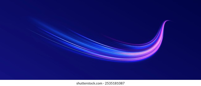 Aceleração de movimento em estrada noturna. Ilustração de raio de luz, linha de faixa com luz azul, plano de fundo de movimento de velocidade. Efeito de luz de onda azul brilhante.