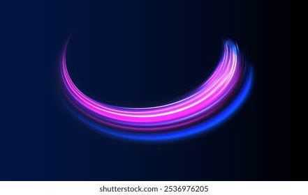 Acceleration speed motion on night road. Illustration of light ray, stripe line with blue light, speed motion background. Glitter blue wave light effect.