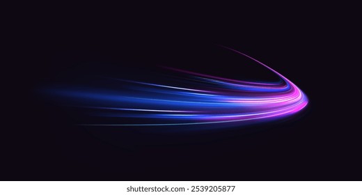 Acceleration speed motion on night road. Illustration of light ray, stripe line with blue light, speed motion background. Glitter blue wave light effect.