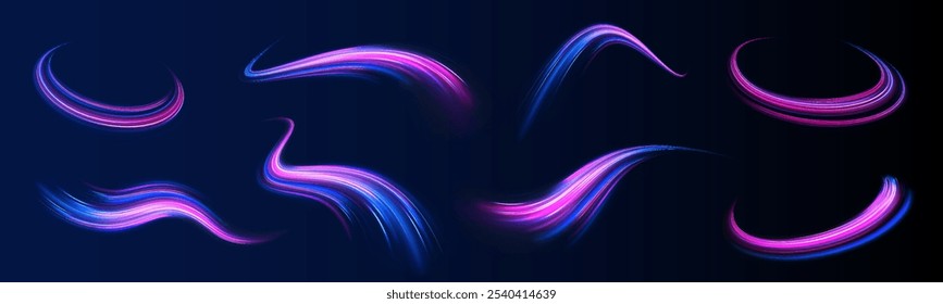 Acceleration speed motion on night road. Illustration of light ray, stripe line with blue light, speed motion background. Glitter blue wave light effect.