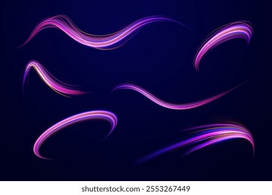 Aceleração de movimento em estrada noturna. Magia movendo linhas rápidas de velocidade. Efeito turvo do movimento da luz do carro, fundo da estrada da cidade com luzes noturnas de exposição longa. Png, ray, abstract, energy, pack, effect