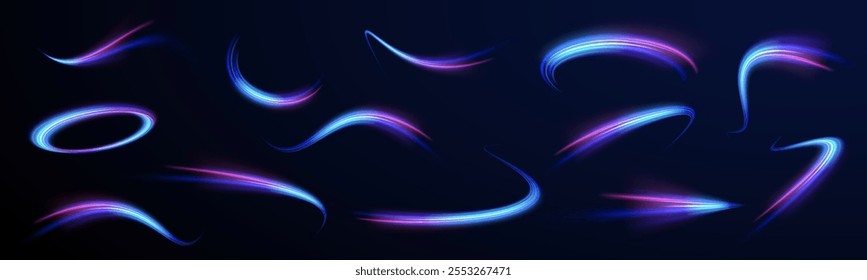 Acceleration speed motion on night road. Magic moving fast speed lines. Blurred car light motion effect, city road background with long exposure night lights. Png,  ray, abstract, energy, pack, effect