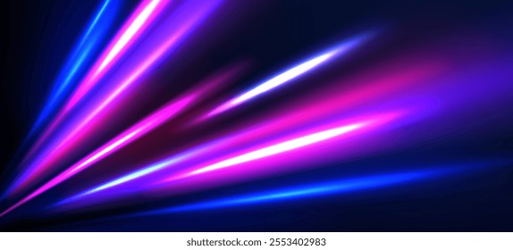 Acceleration speed motion on night road. Magic moving fast speed lines. Blurred car light motion effect, city road background with long exposure night lights. Png,  ray, abstract, energy, pack, effect