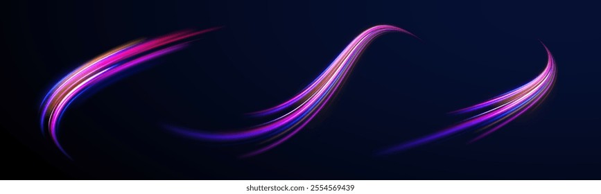 Acceleration speed motion on night road.  Colorful Light Trails, Long Time Exposure Motion Blur Effect. Abstract fire flare trace lens flares acceleration speed motion on night road. 
