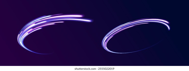 Acceleration speed motion on night road. Colorful Light Trails, Long Time Exposure Motion Blur Effect. Abstract fire flare trace lens flares acceleration speed motion on night road. 