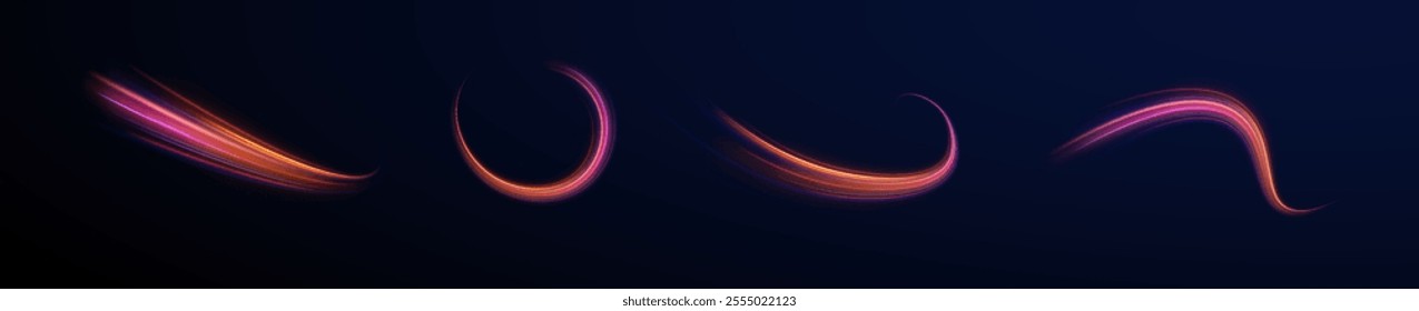 Acceleration speed motion on night road. Colorful Light Trails, Long Time Exposure Motion Blur Effect. Abstract fire flare trace lens flares acceleration speed motion on night road. 