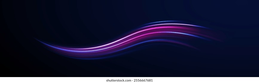Acceleration speed motion on night road. Colorful Light Trails, Long Time Exposure Motion Blur Effect. Abstract fire flare trace lens flares acceleration speed motion on night road. 