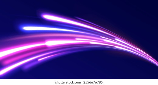 Acceleration speed motion on night road. Colorful Light Trails, Long Time Exposure Motion Blur Effect. Abstract fire flare trace lens flares acceleration speed motion on night road. 