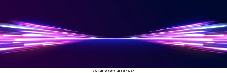 Acceleration speed motion on night road. Colorful Light Trails, Long Time Exposure Motion Blur Effect. Abstract fire flare trace lens flares acceleration speed motion on night road. 