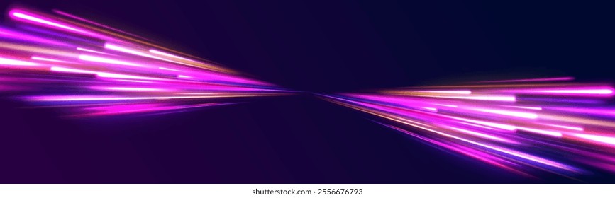 Acceleration speed motion on night road. Magic moving fast speed lines. Blurred car light motion effect, city road background with long exposure night lights. Png,  ray, abstract, energy, pack, effect