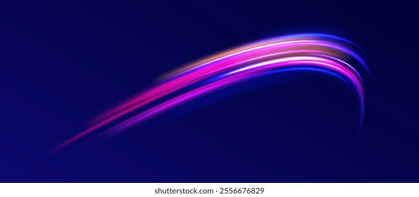 Acceleration speed motion on night road.  Colorful Light Trails, Long Time Exposure Motion Blur Effect. Abstract fire flare trace lens flares acceleration speed motion on night road. 