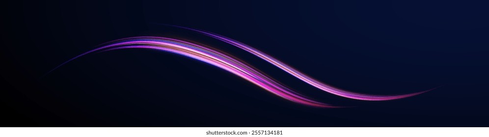Acceleration speed motion on night road.  Colorful Light Trails, Long Time Exposure Motion Blur Effect. Abstract fire flare trace lens flares acceleration speed motion on night road. 