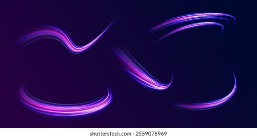 Acceleration speed motion on night road. Colorful Light Trails, Long Time Exposure Motion Blur Effect. Abstract fire flare trace lens flares acceleration speed motion on night road. 
