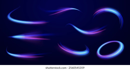 Acceleration speed motion on night road. Magic moving fast speed lines. Blurred car light motion effect, city road background with long exposure night lights. Png,  ray, abstract, energy, pack, effect