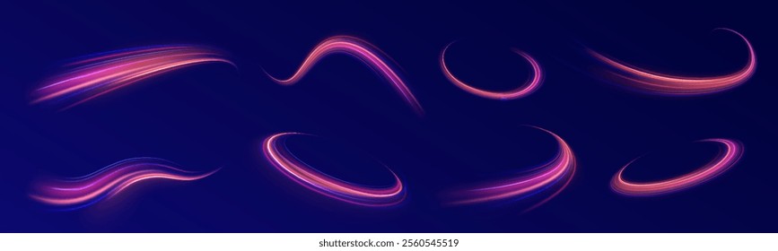 Acceleration speed motion on night road. Colorful Light Trails, Long Time Exposure Motion Blur Effect. Abstract fire flare trace lens flares acceleration speed motion on night road. 