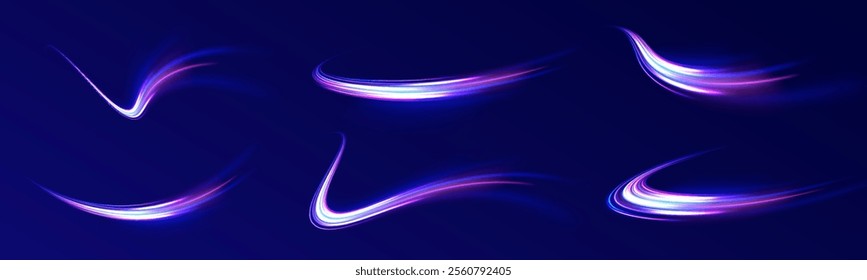 Acceleration speed motion on night road. Magic moving fast speed lines. Blurred car light motion effect, city road background with long exposure night lights. Png,  ray, abstract, energy, pack, effect