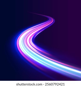 Acceleration speed motion on night road. Colorful Light Trails, Long Time Exposure Motion Blur Effect. Abstract fire flare trace lens flares acceleration speed motion on night road.