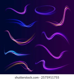 Acceleration speed motion on night road. Magic moving fast speed lines. Blurred car light motion effect, city road background with long exposure night lights. Png,  ray, abstract, energy, pack, effect