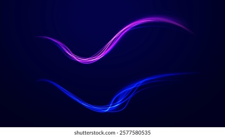Acceleration speed motion on night road. Magic moving fast speed lines. Blurred car light motion effect, city road background with long exposure night lights. Png,  ray, abstract, energy, pack, effect