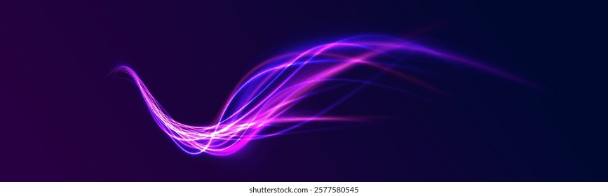 Acceleration speed motion on night road. Magic moving fast speed lines. Blurred car light motion effect, city road background with long exposure night lights. Png,  ray, abstract, energy, pack, effect