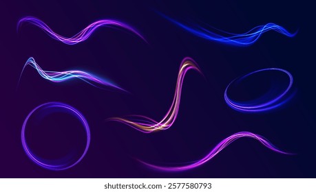 Acceleration speed motion on night road. Magic moving fast speed lines. Blurred car light motion effect, city road background with long exposure night lights. Png,  ray, abstract, energy, pack, effect