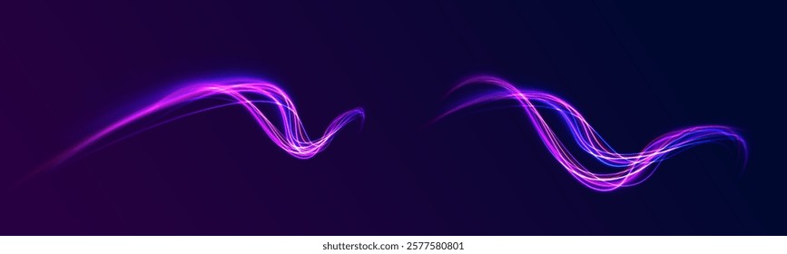 Acceleration speed motion on night road. Magic moving fast speed lines. Blurred car light motion effect, city road background with long exposure night lights. Png,  ray, abstract, energy, pack, effect