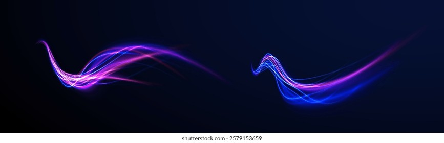 Acceleration speed motion on night road. Magic moving fast speed lines. Blurred car light motion effect, city road background with long exposure night lights. Png,  ray, abstract, energy, pack, effect