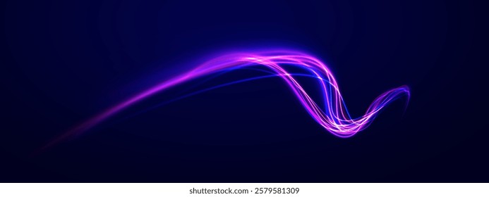 Acceleration speed motion on night road. Magic moving fast speed lines. Blurred car light motion effect, city road background with long exposure night lights. Png,  ray, abstract, energy, pack, effect