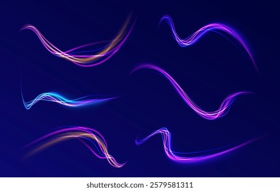 Acceleration speed motion on night road. Magic moving fast speed lines. Blurred car light motion effect, city road background with long exposure night lights. Png,  ray, abstract, energy, pack, effect