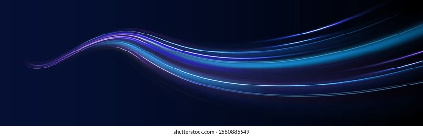 Acceleration speed motion on night road. Magic moving fast speed lines. Blurred car light motion effect, city road background with long exposure night lights. Png,  ray, abstract, energy, pack, effect