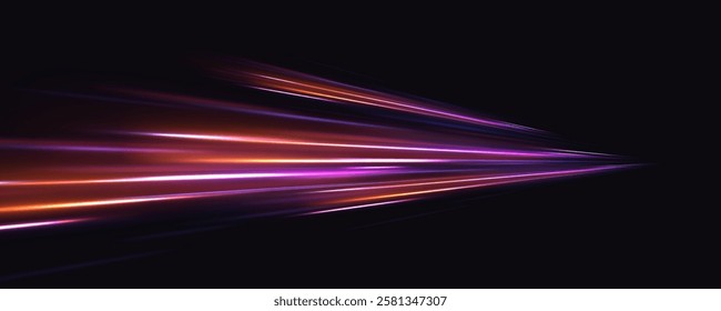 Acceleration speed motion on night road. Magic moving fast speed lines. Blurred car light motion effect, city road background with long exposure night lights. Png,  ray, abstract, energy, pack, effect