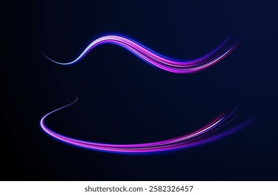 Acceleration speed motion on night road. Magic moving fast speed lines. Blurred car light motion effect, city road background with long exposure night lights. Png,  ray, abstract, energy, pack, effect