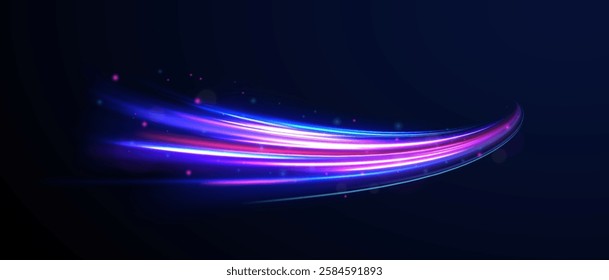 Acceleration speed motion on night road. Magic moving fast speed lines. Blurred car light motion effect, city road background with long exposure night lights. Png,  ray, abstract, energy, pack, effect