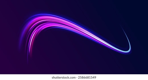 Acceleration speed motion on night road. Magic moving fast speed lines. Blurred car light motion effect, city road background with long exposure night lights. Png,  ray, abstract, energy, pack, effect