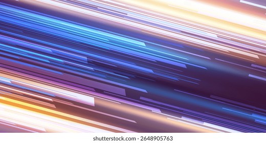 Acceleration speed motion on night road. Light and stripes moving fast over dark background. Abstract blue Illustration.