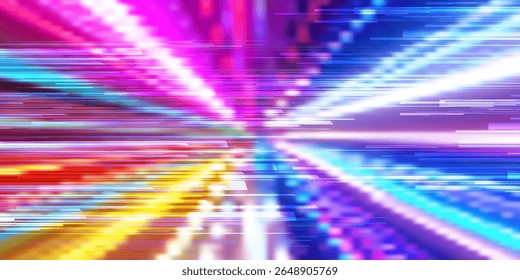 Acceleration speed motion on night road. Light and stripes moving fast over dark background. Abstract blue Illustration.