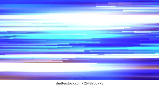 Aceleración de movimiento de velocidad en carretera nocturna. Luz y rayas que se mueven rápidamente sobre fondo oscuro. Ilustración azul Abstractas.