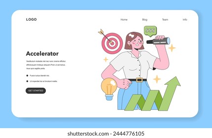 Accelerator concept. Confident woman peers through telescope, spotting opportunities. Bullseye, bright idea, and growth graph highlight her entrepreneurial vision. Flat vector illustration