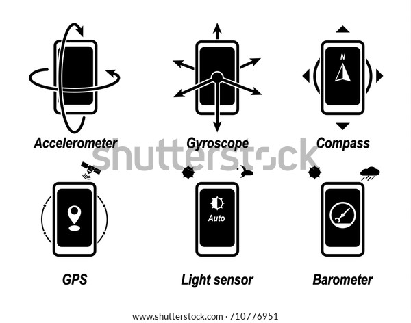 Accelerometer, gyroscope,\
compass, GPS, light sensor, barometer. Important phone functions.\
Black vector\
icon.