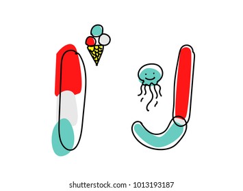 Accendent vector font.Child alphabet with illustration.