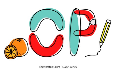 Accendent vector font.Child alphabet with illustration.