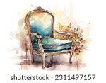 Accent chair or bench watercolor white background.