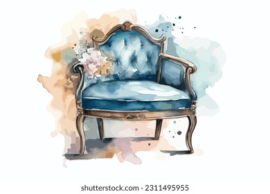 Accent chair or bench watercolor white background.