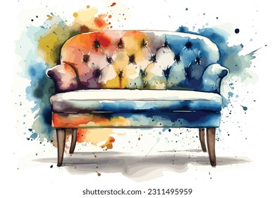 Accent chair or bench watercolor white background.